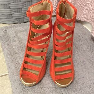 Tangerine Leatherette Caged Stiletto Ankle Bootie